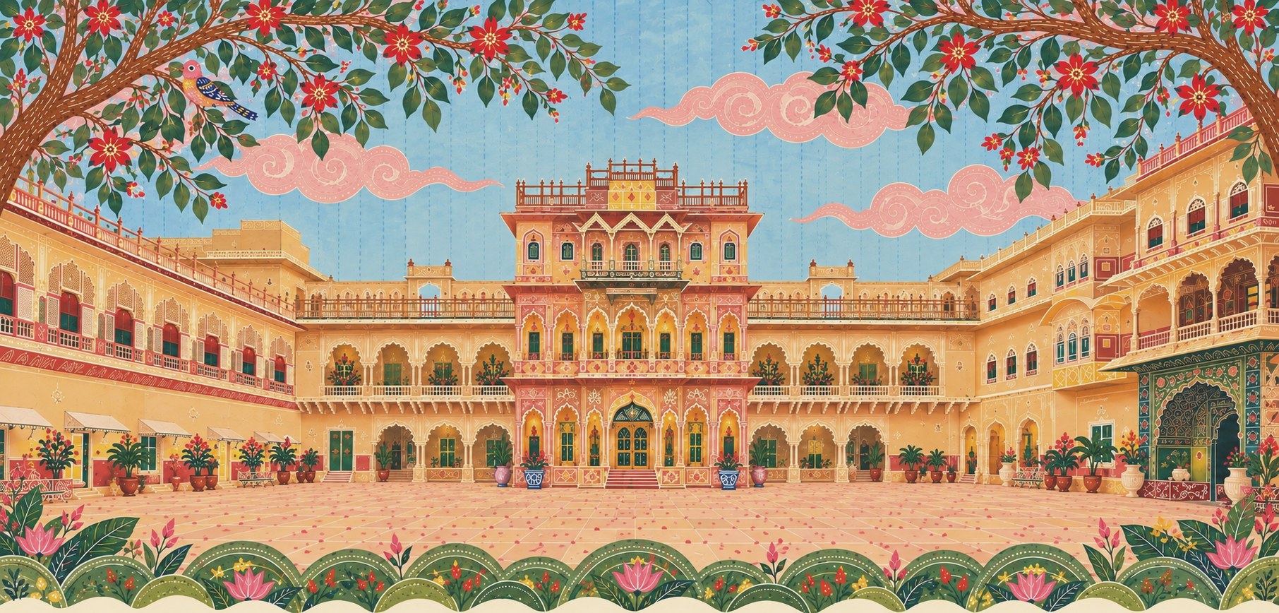An illustrated Chomu Palace courtyard in folk-art style, framed by flowering trees and pink swirl clouds